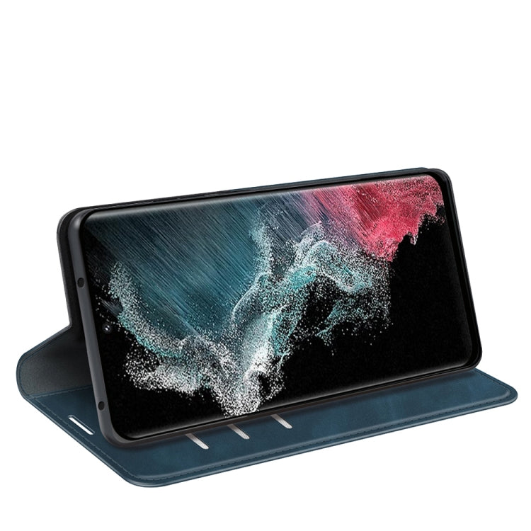 Para Samsung Galaxy S23 Ultra 5G Funda de cuero con succión magnética de piel retro (Azul oscuro)