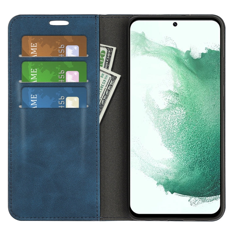 Para Samsung Galaxy S23+ 5G Estuche para teléfono de cuero con succión magnética de piel retro (azul oscuro)