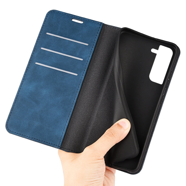 Para Samsung Galaxy S23+ 5G Estuche para teléfono de cuero con succión magnética de piel retro (azul oscuro)