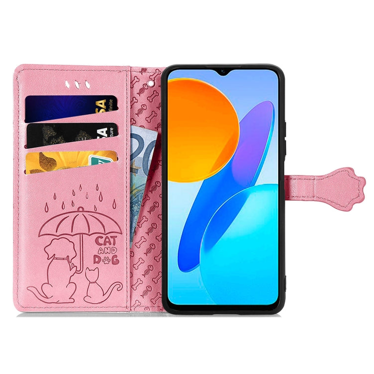 Estuche de Cuero en Relieve para Honor X8 5G Cute Cat And Dog (Rosa)
