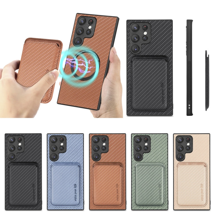Para Samsung Galaxy S22 + 5G Tarjeta de cuero de fibra de carbono Magsafe Funda magnética para teléfono (Verde)