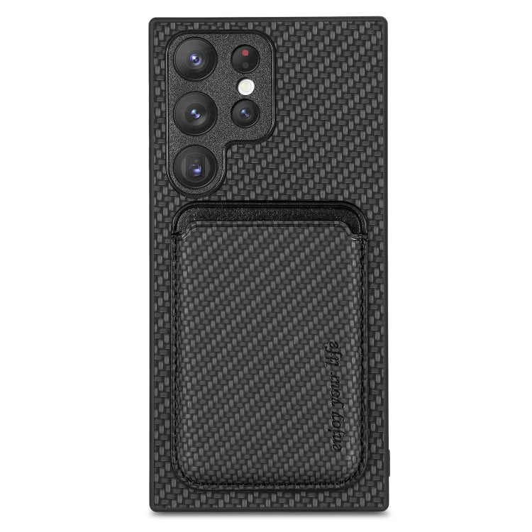 Para Samsung Galaxy S22 Ultra 5G Tarjeta de cuero de fibra de carbono Magsafe Funda magnética para teléfono (Negro)