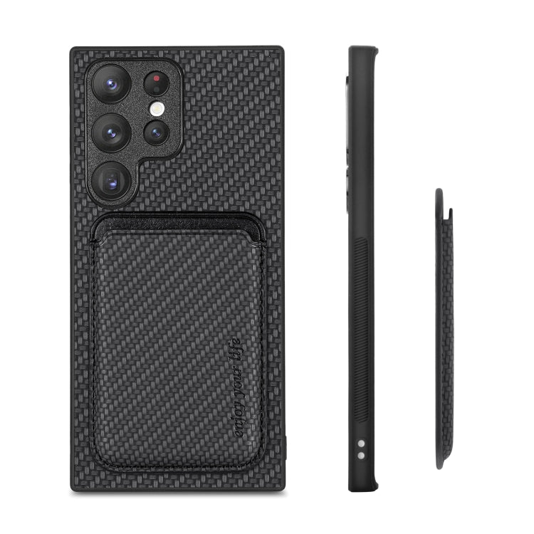 Para Samsung Galaxy S22 Ultra 5G Tarjeta de cuero de fibra de carbono Magsafe Funda magnética para teléfono (Negro)