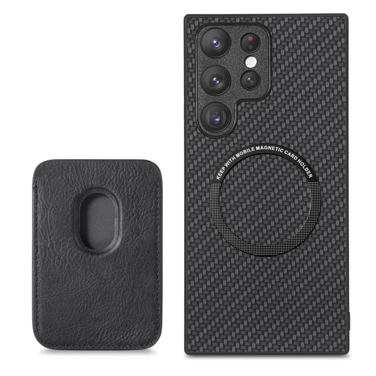 Para Samsung Galaxy S22 Ultra 5G Tarjeta de cuero de fibra de carbono Magsafe Funda magnética para teléfono (Negro)
