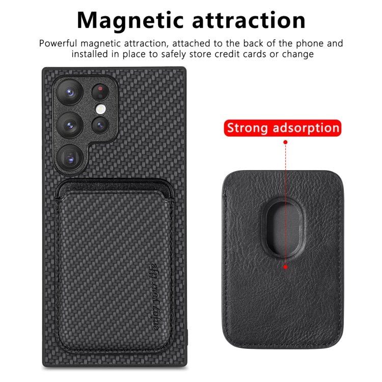 Para Samsung Galaxy S22 Ultra 5G Tarjeta de cuero de fibra de carbono Magsafe Funda magnética para teléfono (Negro)