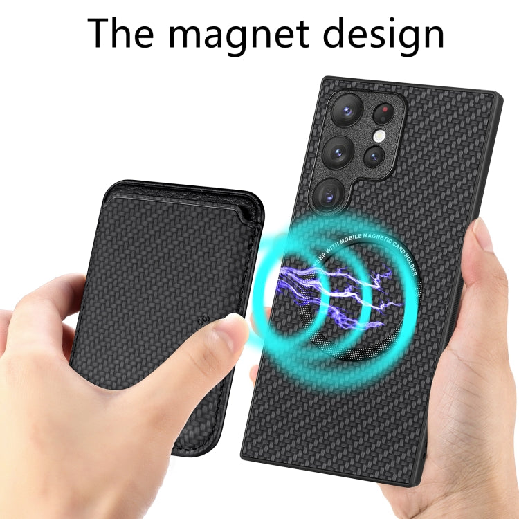 Para Samsung Galaxy S22 Ultra 5G Tarjeta de cuero de fibra de carbono Magsafe Funda magnética para teléfono (Negro)