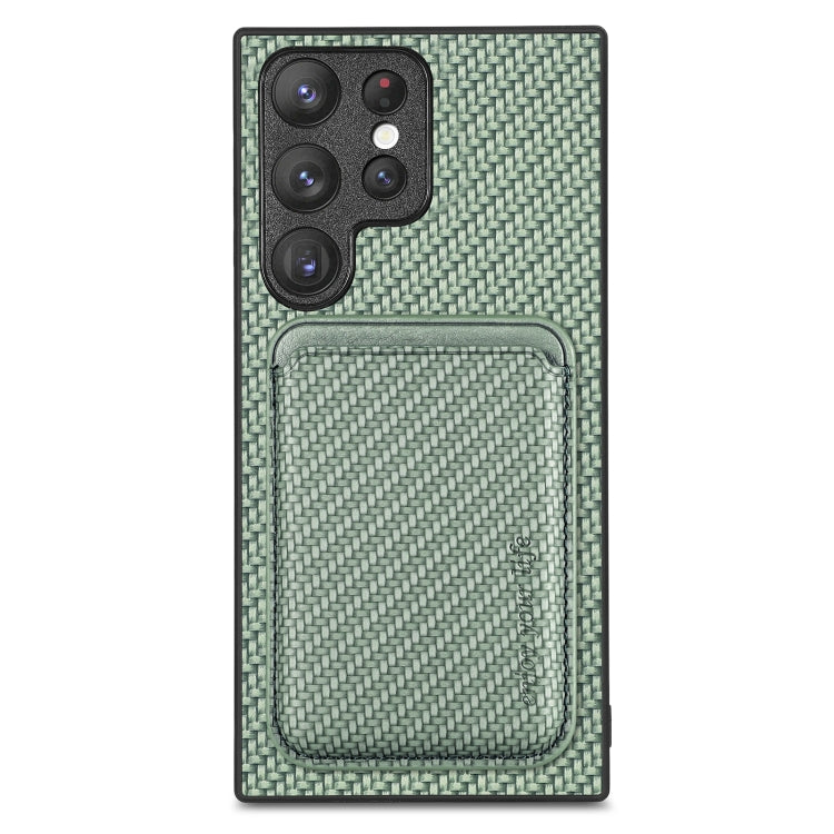 Para Samsung Galaxy S22 Ultra 5G Tarjeta de cuero de fibra de carbono Magsafe Funda magnética para teléfono (Verde)