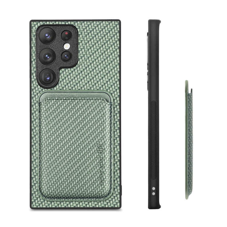 Para Samsung Galaxy S22 Ultra 5G Tarjeta de cuero de fibra de carbono Magsafe Funda magnética para teléfono (Verde)
