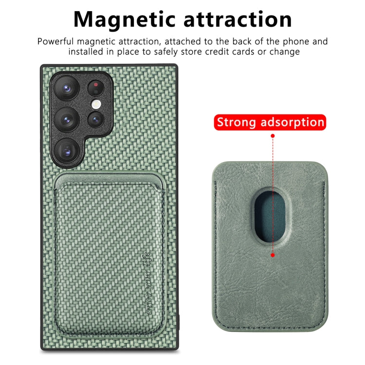 Para Samsung Galaxy S22 Ultra 5G Tarjeta de cuero de fibra de carbono Magsafe Funda magnética para teléfono (Verde)