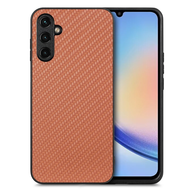Para Samsung Galaxy A34 5G Funda trasera de cuero con textura de fibra de carbono para teléfono (marrón)