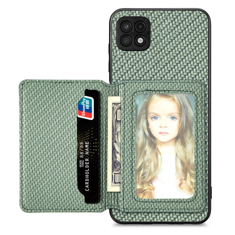 Para Samsung Galaxy A22 5G Fibra de Carbono Tarjeta Magnética Monedero Bolsa Teléfono (Verde)