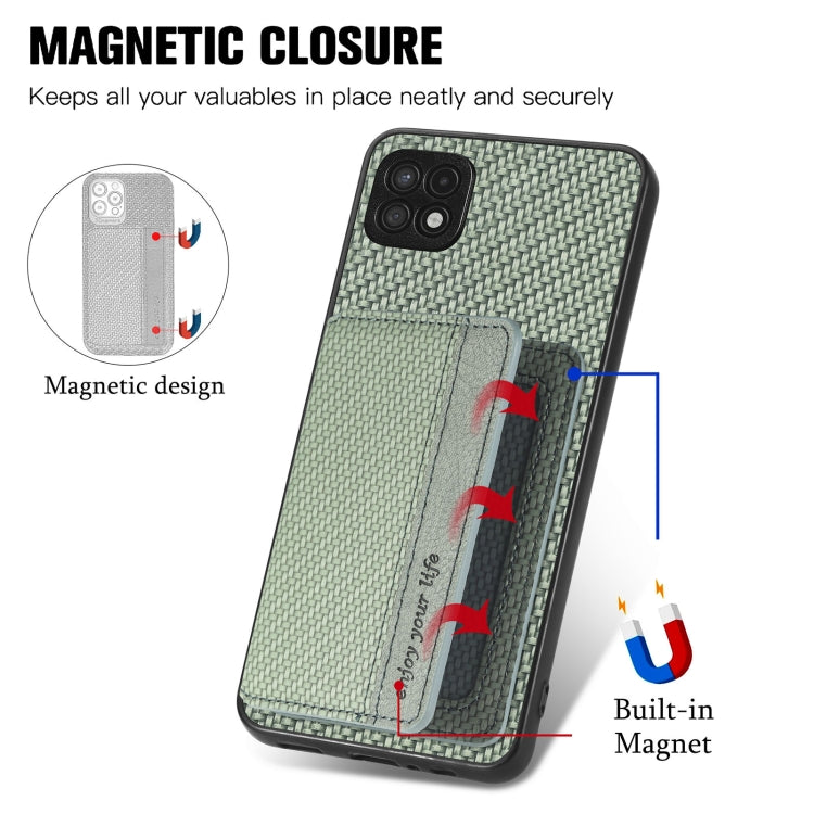 Para Samsung Galaxy A22 5G Fibra de Carbono Tarjeta Magnética Monedero Bolsa Teléfono (Verde)