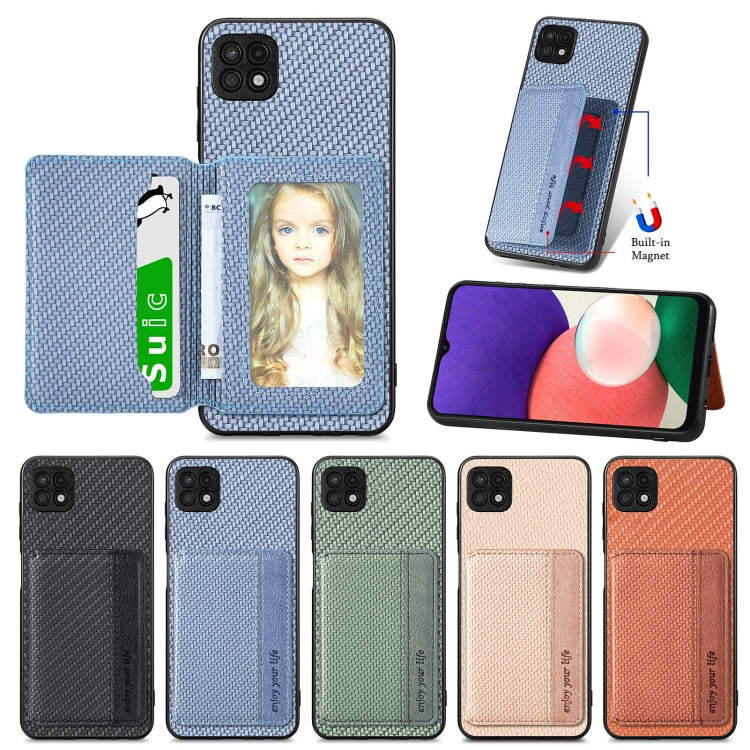 Para Samsung Galaxy A22 5G Fibra de Carbono Tarjeta Magnética Monedero Bolsa Teléfono (Verde)
