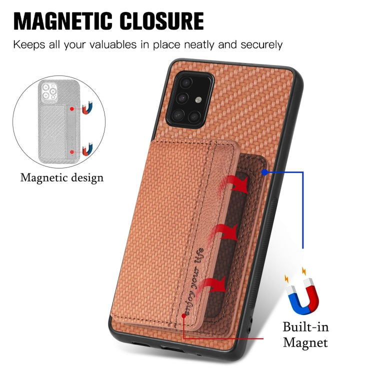 Para Samsung Galaxy A51 5G Fibra de Carbono Tarjeta Magnética Cartera Funda para Teléfono (Marrón)