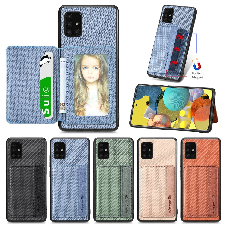Para Samsung Galaxy A51 5G Fibra de Carbono Tarjeta Magnética Cartera Funda para Teléfono (Marrón)