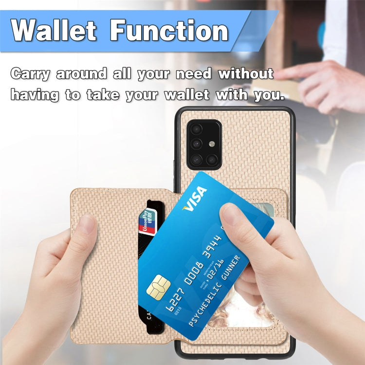 Para Samsung Galaxy A51 5G Fibra de Carbono Tarjeta Magnética Cartera Funda para Teléfono (Marrón)