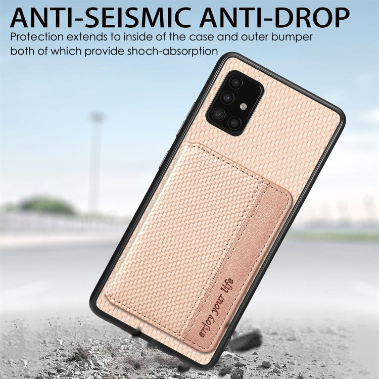 Para Samsung Galaxy A51 5G Fibra de Carbono Tarjeta Magnética Cartera Funda para Teléfono (Marrón)