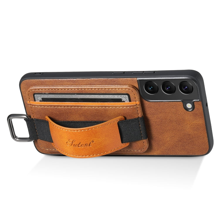 Para Samsung Galaxy S22 5G Suteni H13 Card Wallet Wrist Strap Holder PU Phone Case (Marrón)