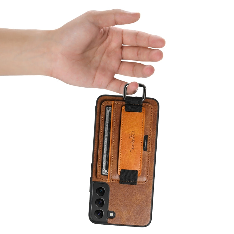 Para Samsung Galaxy S22 5G Suteni H13 Card Wallet Wrist Strap Holder PU Phone Case (Marrón)