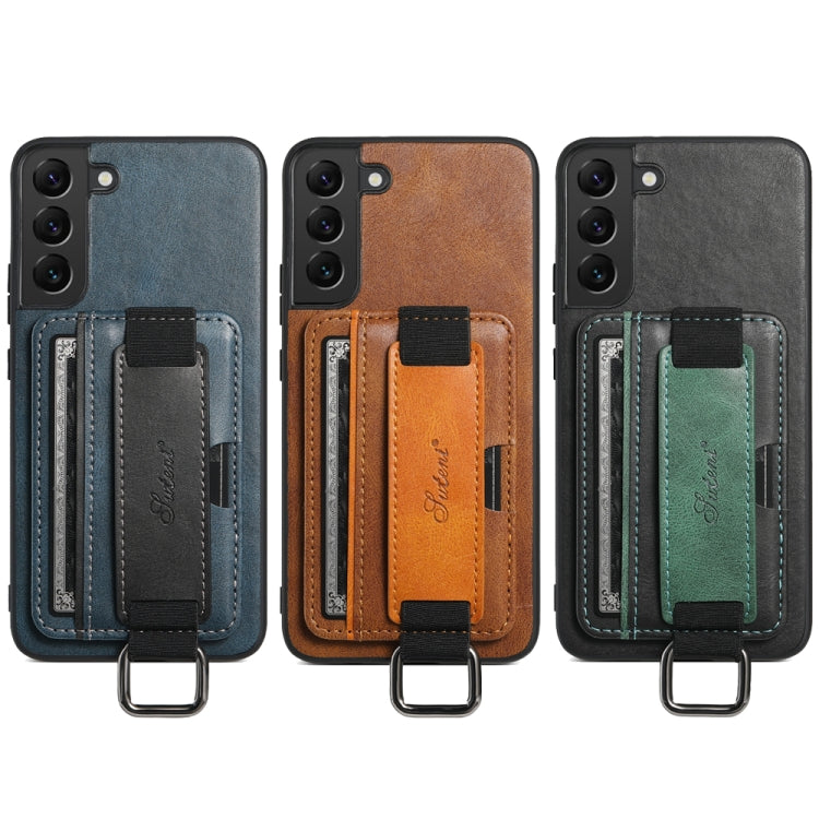 Para Samsung Galaxy S22 5G Suteni H13 Card Wallet Wrist Strap Holder PU Phone Case (Marrón)