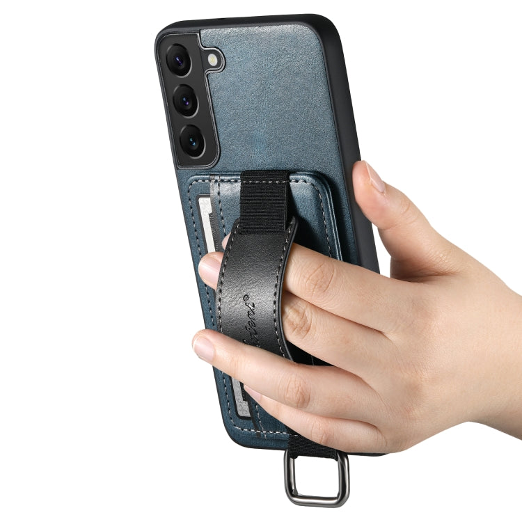 Para Samsung Galaxy S22 5G Suteni H13 Card Wallet Wrist Strap Holder PU Phone Case (Azul)