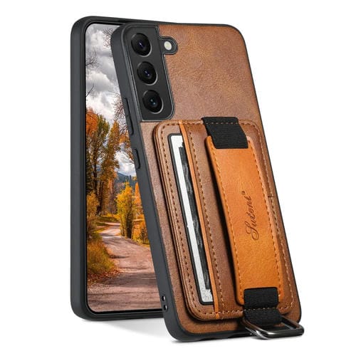 Para Samsung Galaxy S22+ 5G Suteni H13 Tarjeta Monedero Correa para la muñeca Titular PU Funda para teléfono (marrón)