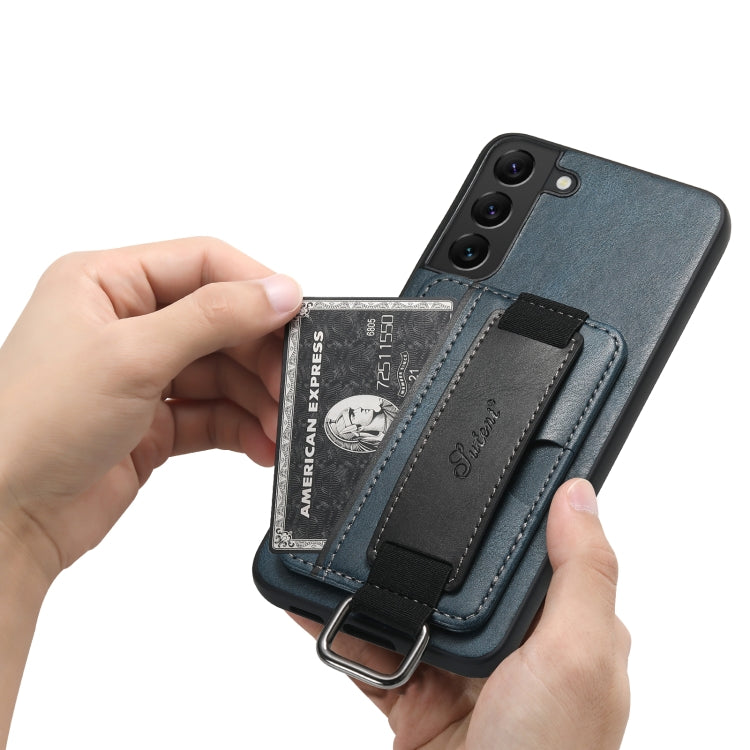 Para Samsung Galaxy S22+ 5G Suteni H13 Tarjeta Monedero Correa de muñeca Titular PU Caja del teléfono (Azul)