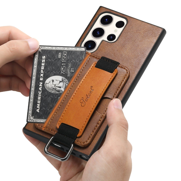 Para Samsung Galaxy S22 Ultra 5G Suteni H13 Tarjeta Monedero Correa para la muñeca Titular PU Funda para teléfono (Marrón)