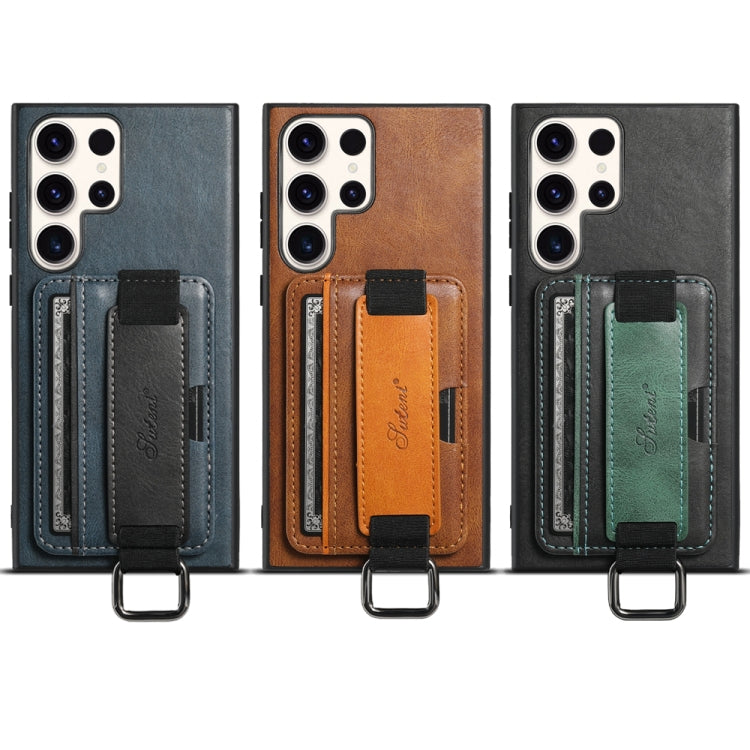 Para Samsung Galaxy S22 Ultra 5G Suteni H13 Tarjeta Monedero Correa para la muñeca Titular PU Funda para teléfono (Marrón)