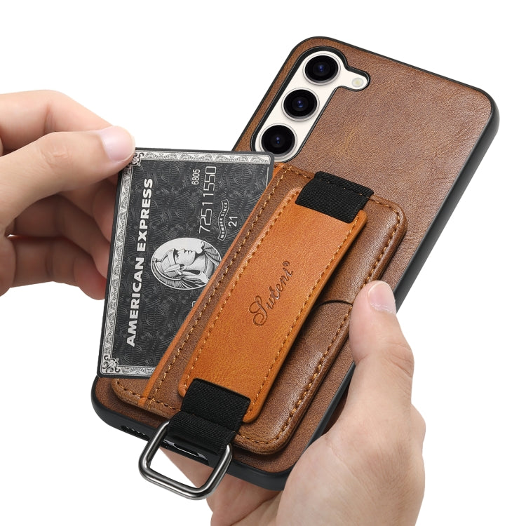 Para Samsung Galaxy S23 5G Suteni H13 Card Wallet Wrist Strap Holder PU Phone Case (marrón)