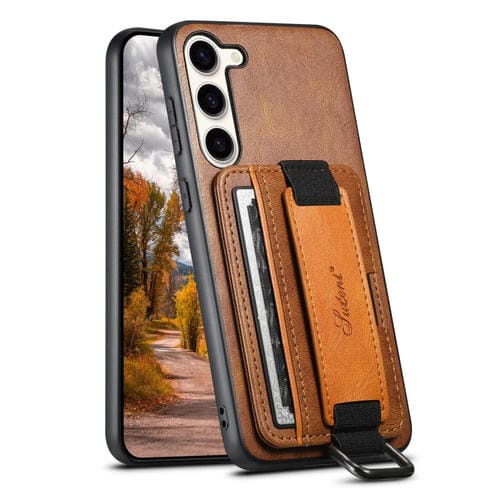 Para Samsung Galaxy S23+ 5G Suteni H13 Tarjeta Monedero Correa para la muñeca Titular PU Funda para teléfono (Marrón)
