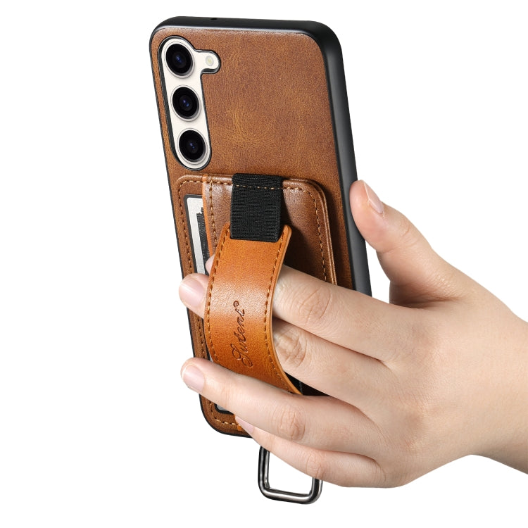 Para Samsung Galaxy S23+ 5G Suteni H13 Tarjeta Monedero Correa para la muñeca Titular PU Funda para teléfono (Marrón)