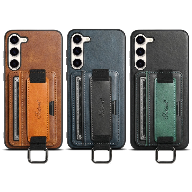 Para Samsung Galaxy S23+ 5G Suteni H13 Tarjeta Monedero Correa para la muñeca Titular PU Funda para teléfono (Marrón)