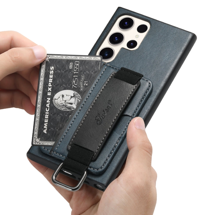 Para Samsung Galaxy S23 Ultra 5G Suteni H13 Tarjeta Monedero Correa de muñeca Titular PU Caja del teléfono (Azul)