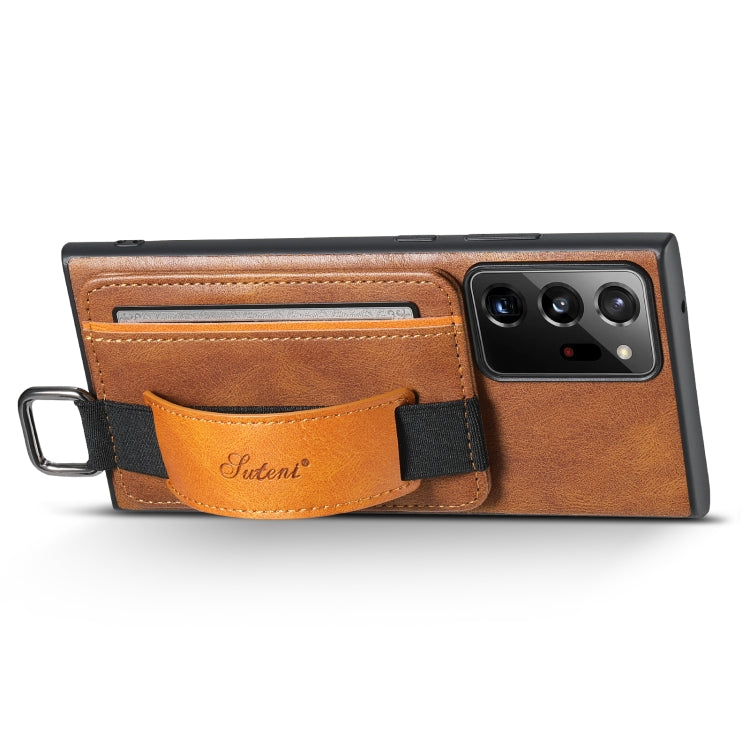 Para Samsung Galaxy Note20 Suteni H13 Card Wallet Wrist Strap Holder PU Phone Case (Marrón)