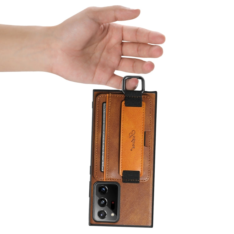 Para Samsung Galaxy Note20 Suteni H13 Card Wallet Wrist Strap Holder PU Phone Case (Marrón)