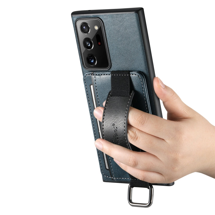 Para Samsung Galaxy Note20 Suteni H13 Card Wallet Wrist Strap Holder PU Phone Case (Azul)