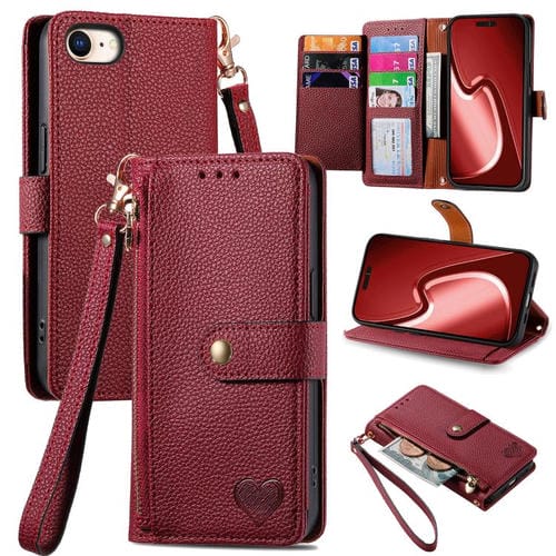 Funda de Cuero con Cordón y Cremallera Love para iPhone 16E (Roja)