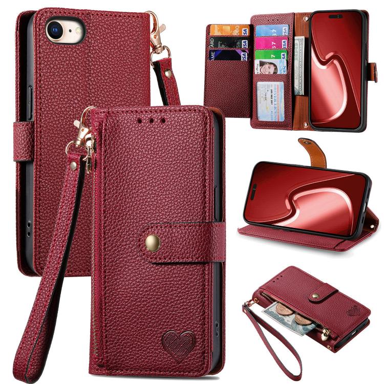 Funda de Cuero con Cordón y Cremallera Love para iPhone 16E (Roja)