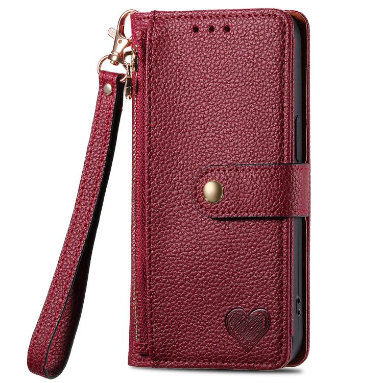Funda de Cuero con Cordón y Cremallera Love para iPhone 16E (Roja)