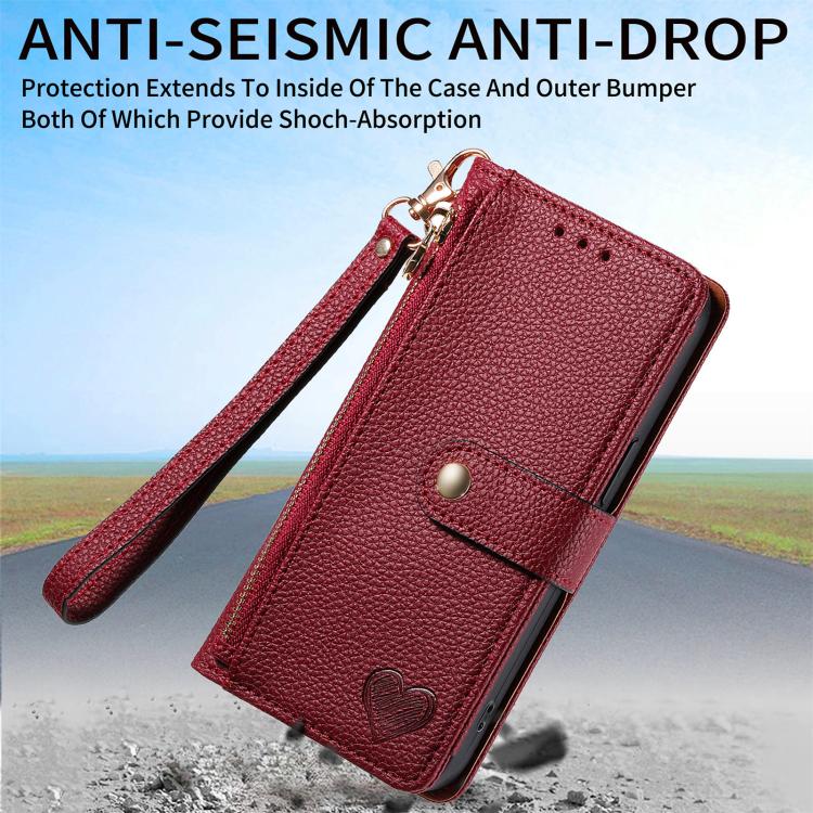Funda de Cuero con Cordón y Cremallera Love para iPhone 16E (Roja)