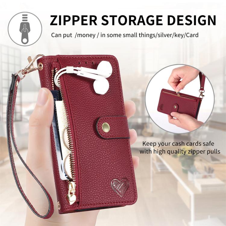 Funda de Cuero con Cordón y Cremallera Love para iPhone 16E (Roja)