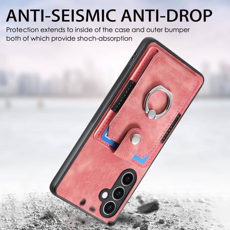 Funda tipo cartera con anillo y tarjetero para Samsung Galaxy S24 FE 5G, estilo retro, con tacto de piel (rosa)