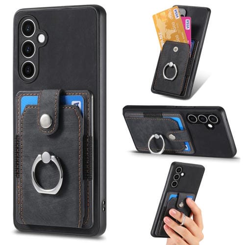 Funda tipo cartera con anillo y tarjetero para Samsung Galaxy S24 FE 5G, estilo retro, color negro