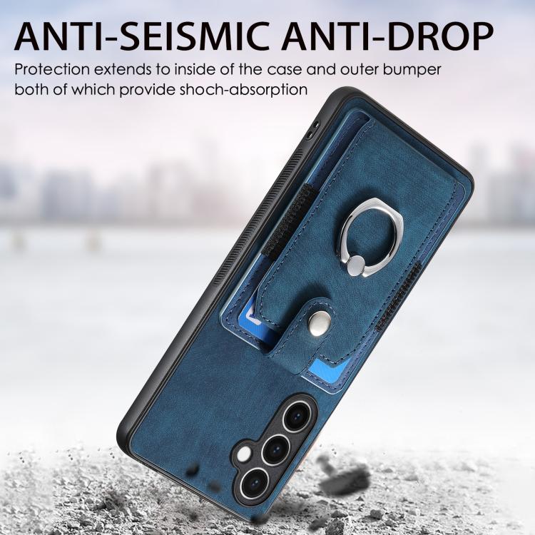 Funda tipo cartera con anillo y tarjetero para Samsung Galaxy S24 FE 5G, estilo retro (azul)