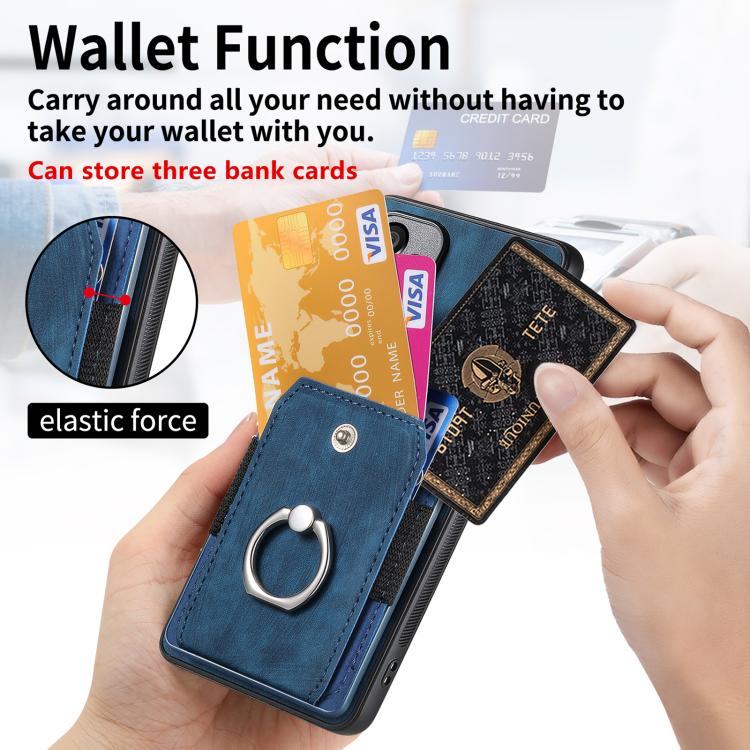 Funda tipo cartera con anillo y tarjetero para Samsung Galaxy S24 FE 5G, estilo retro (azul)