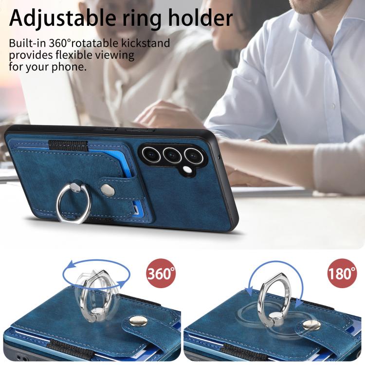 Funda tipo cartera con anillo y tarjetero para Samsung Galaxy S24 FE 5G, estilo retro (azul)