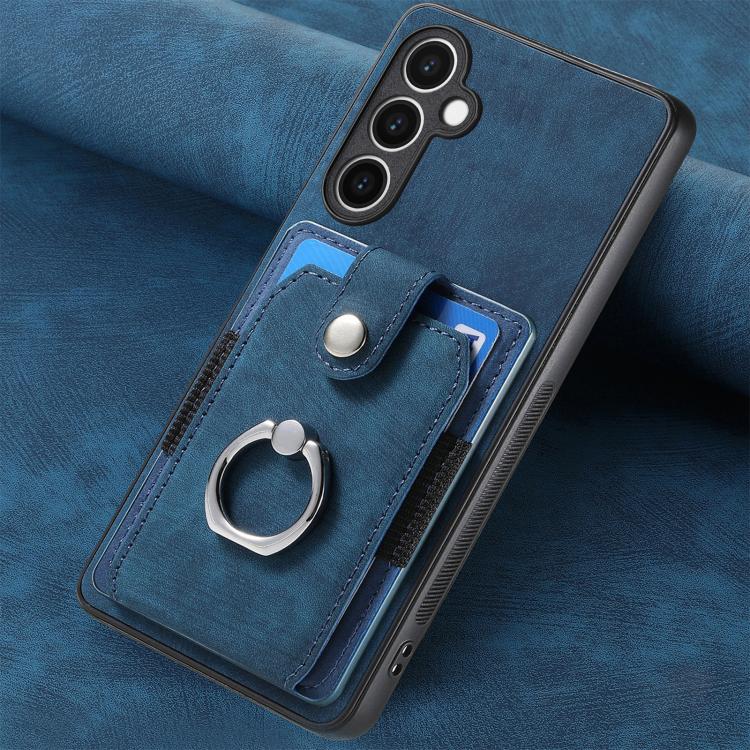 Funda tipo cartera con anillo y tarjetero para Samsung Galaxy S24 FE 5G, estilo retro (azul)