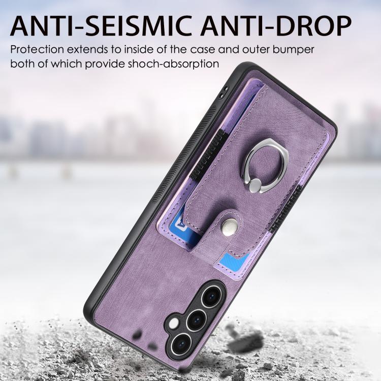 Funda tipo cartera con anillo y tarjetero para Samsung Galaxy S24 FE 5G, estilo retro, con tacto de piel (morado)