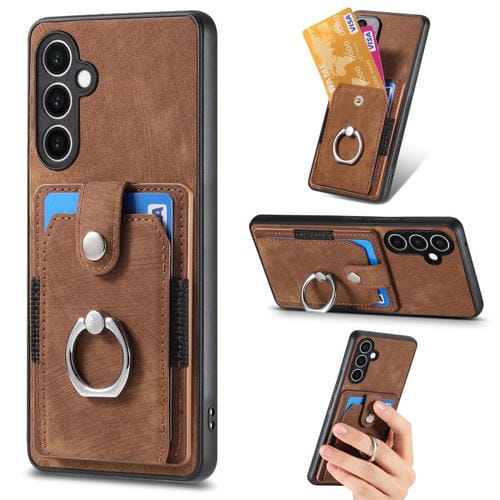 Funda tipo cartera con anillo y tarjetero para Samsung Galaxy S24 FE 5G, estilo retro, color marrón